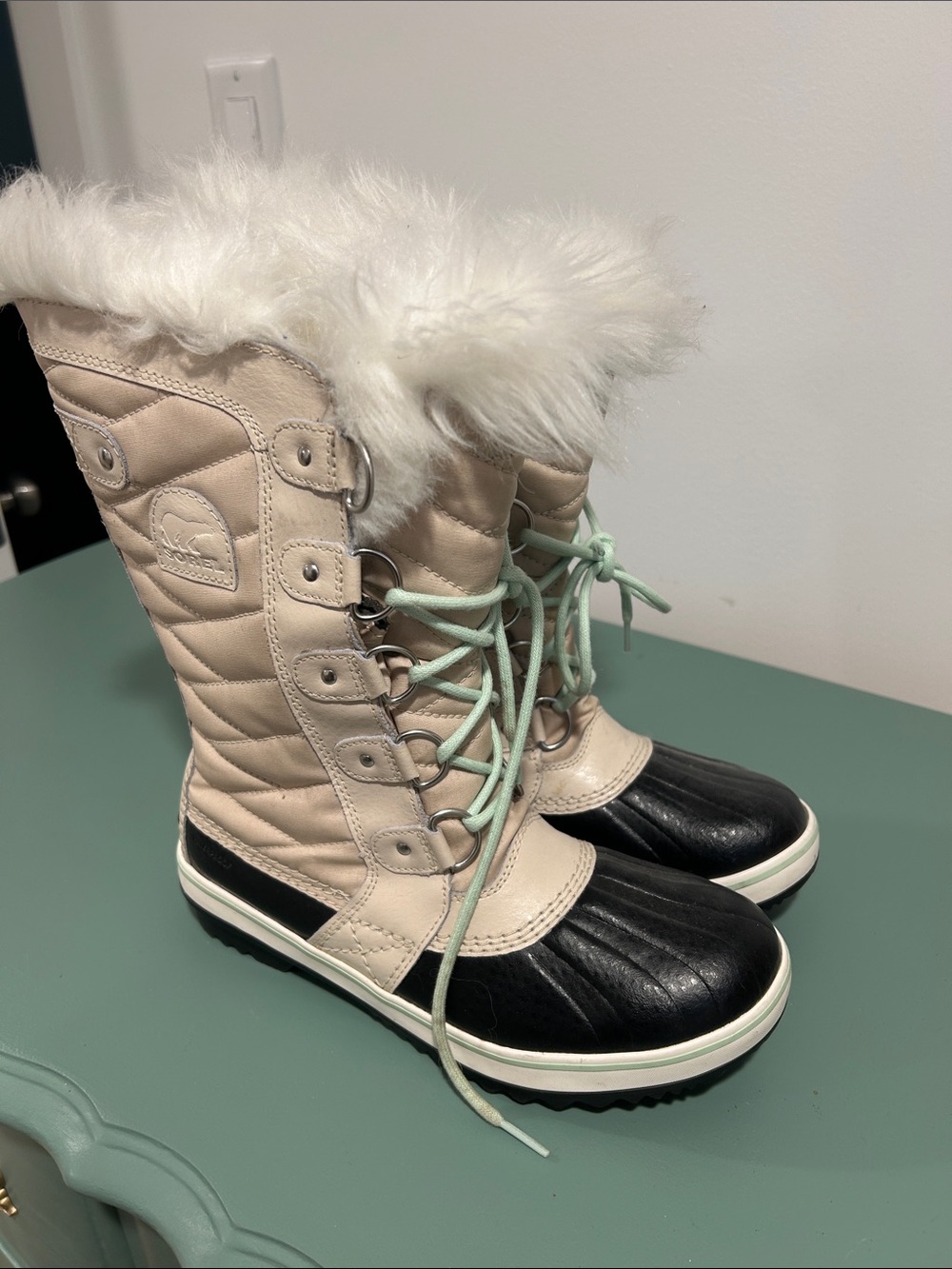 Sorel Quilted Snow Boots in Cream, Black & Mint